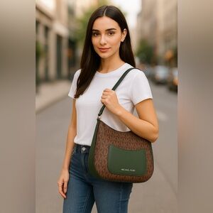 Michael Kors Brown Leather Monogram Shoulder Bag with Green Leather Accents